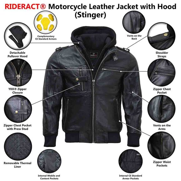 RIDERACT® Mens Real Leather Jacket Motorcycle Biker Outerwear Casual Style Coat - Picture 10 of 12